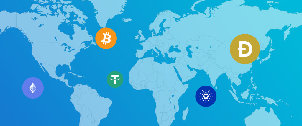 Cryptocurrency icons on a world map