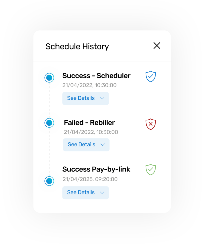 A schedule history of failed and successful payments