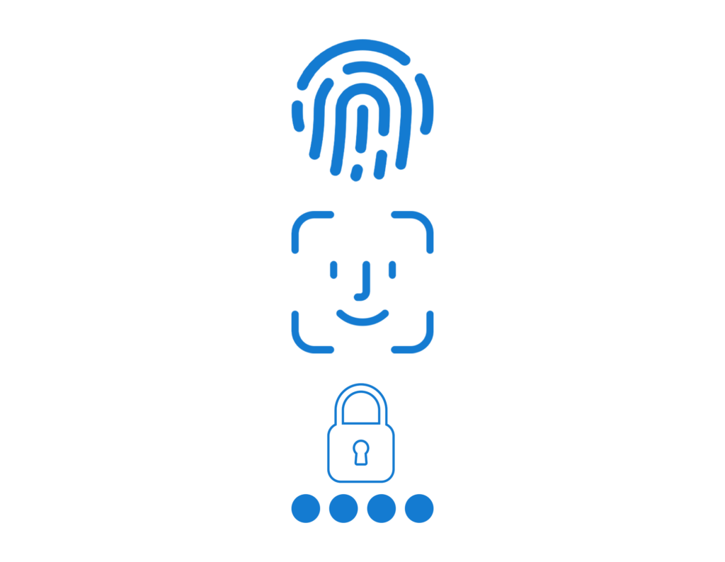 Icons of strong customer authentication methods, including face and finger recognition and passcode.