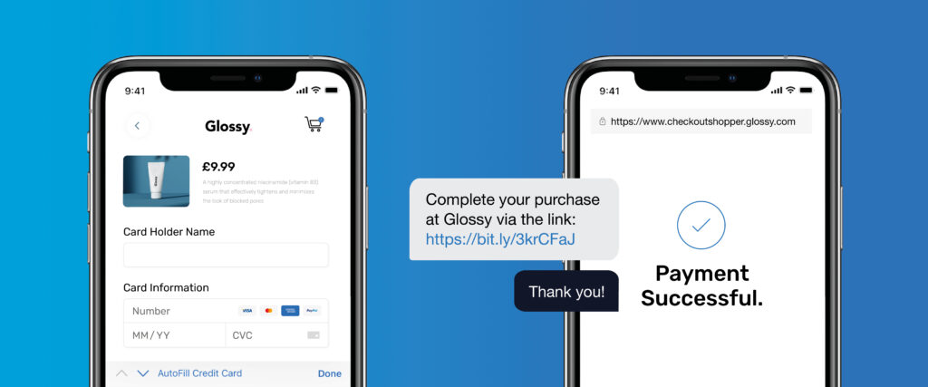 The process of a secure payment link, including an SMS pay by link, the checkout page and the payment complete notification