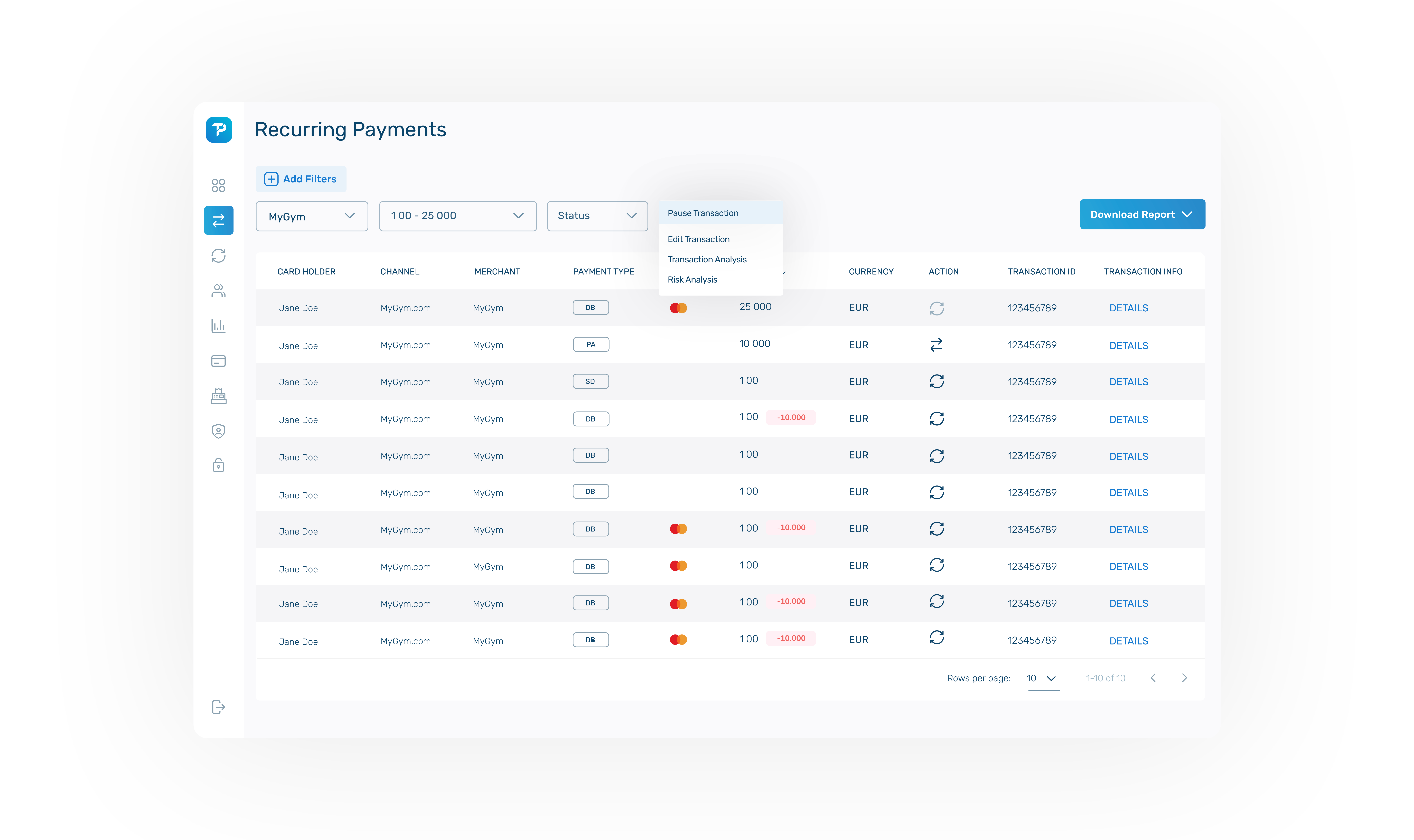 Recurring payment dashboard showing how these payments can be managed