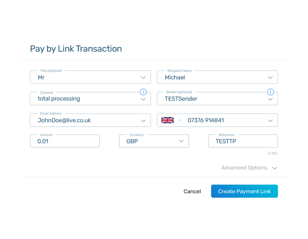 Customer details box to create a pay by link