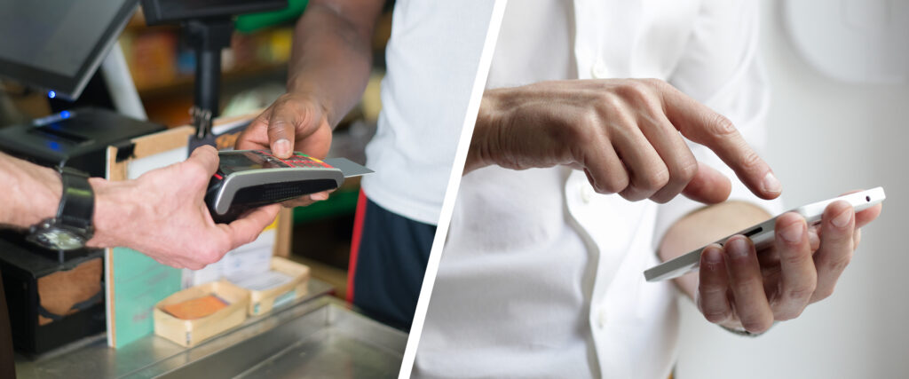 Split image with a traditional card payment on one side and someone on their phone indicating an online real-time payment