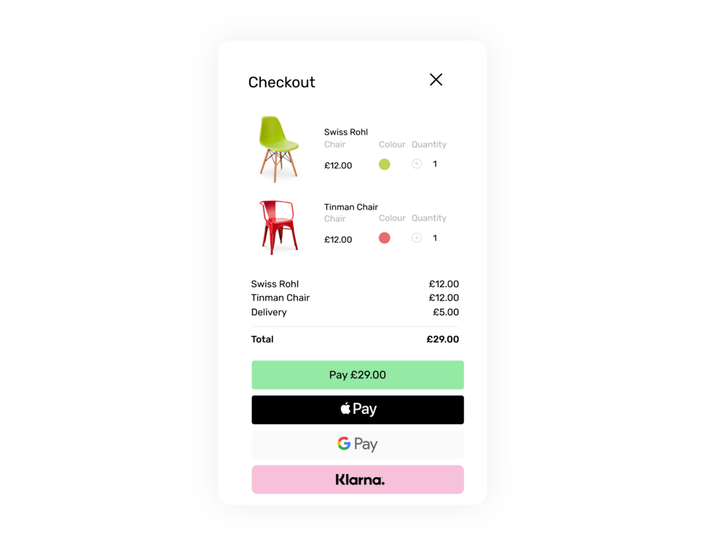Mobile checkout page with multiple payment method options.